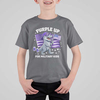 Dinosaur Military Kids T Shirt For Kid Purple Up For Military Child Month Patriotic USA Flag