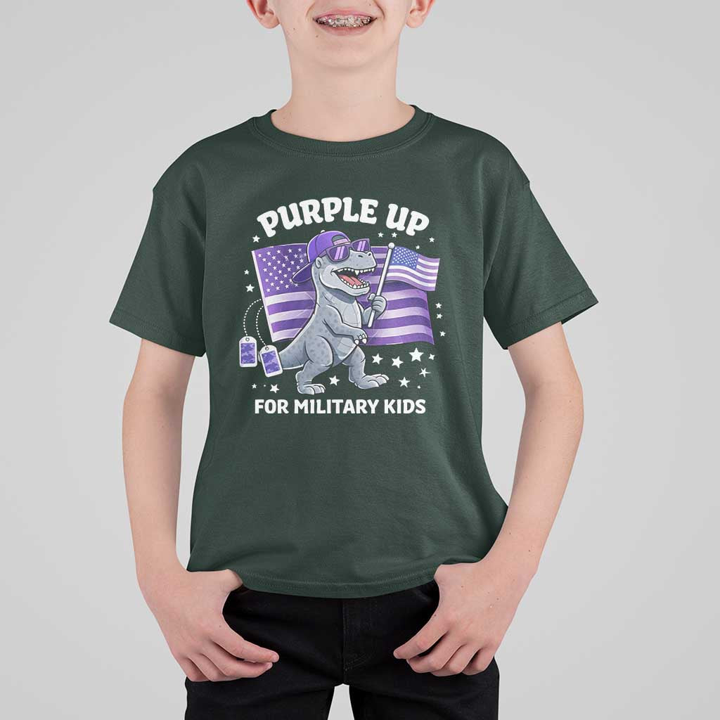 Dinosaur Military Kids T Shirt For Kid Purple Up For Military Child Month Patriotic USA Flag