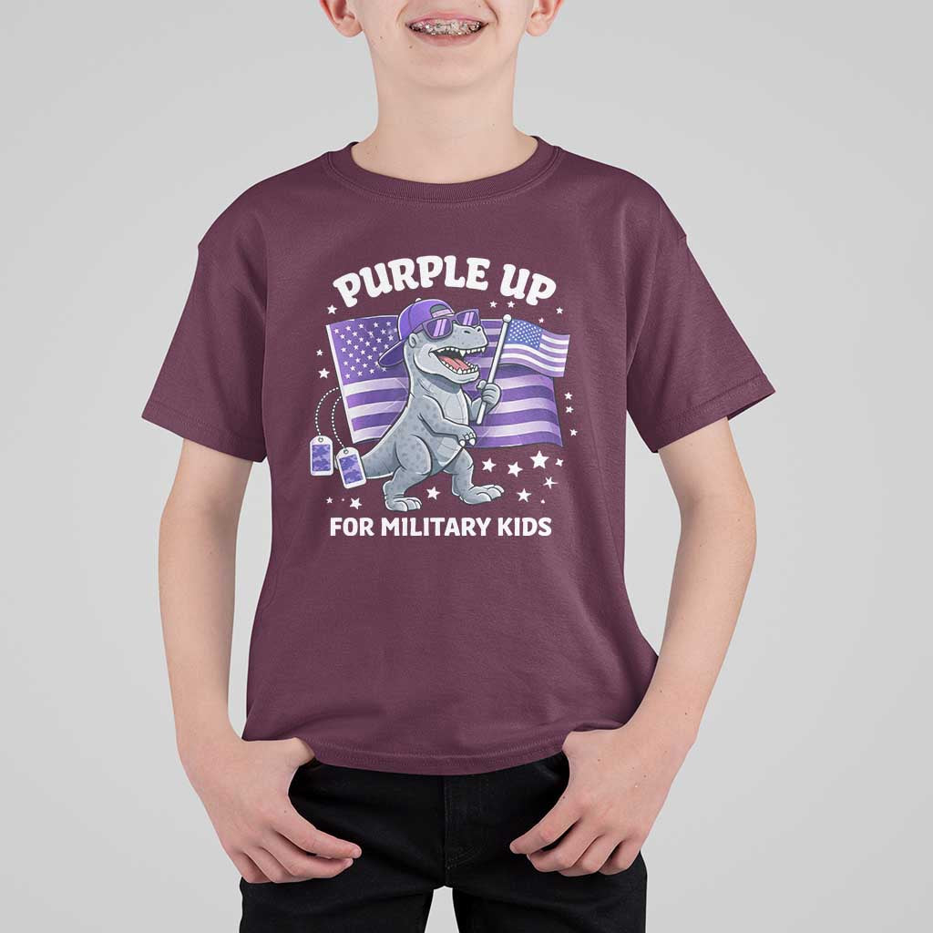 Dinosaur Military Kids T Shirt For Kid Purple Up For Military Child Month Patriotic USA Flag
