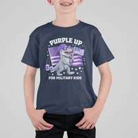 Dinosaur Military Kids T Shirt For Kid Purple Up For Military Child Month Patriotic USA Flag