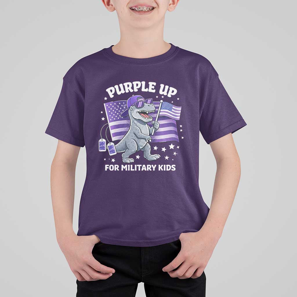 Dinosaur Military Kids T Shirt For Kid Purple Up For Military Child Month Patriotic USA Flag