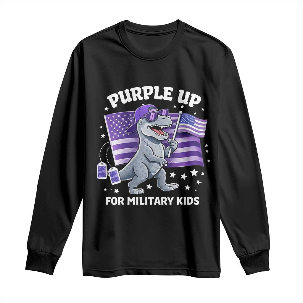 Dinosaur Military Kids Long Sleeve Shirt Purple Up For Military Child Month Patriotic USA Flag