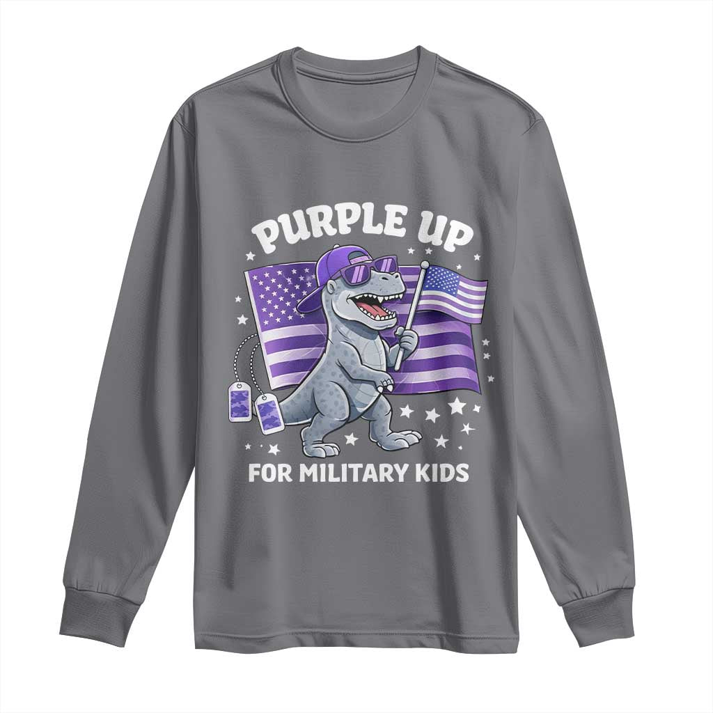 Dinosaur Military Kids Long Sleeve Shirt Purple Up For Military Child Month Patriotic USA Flag