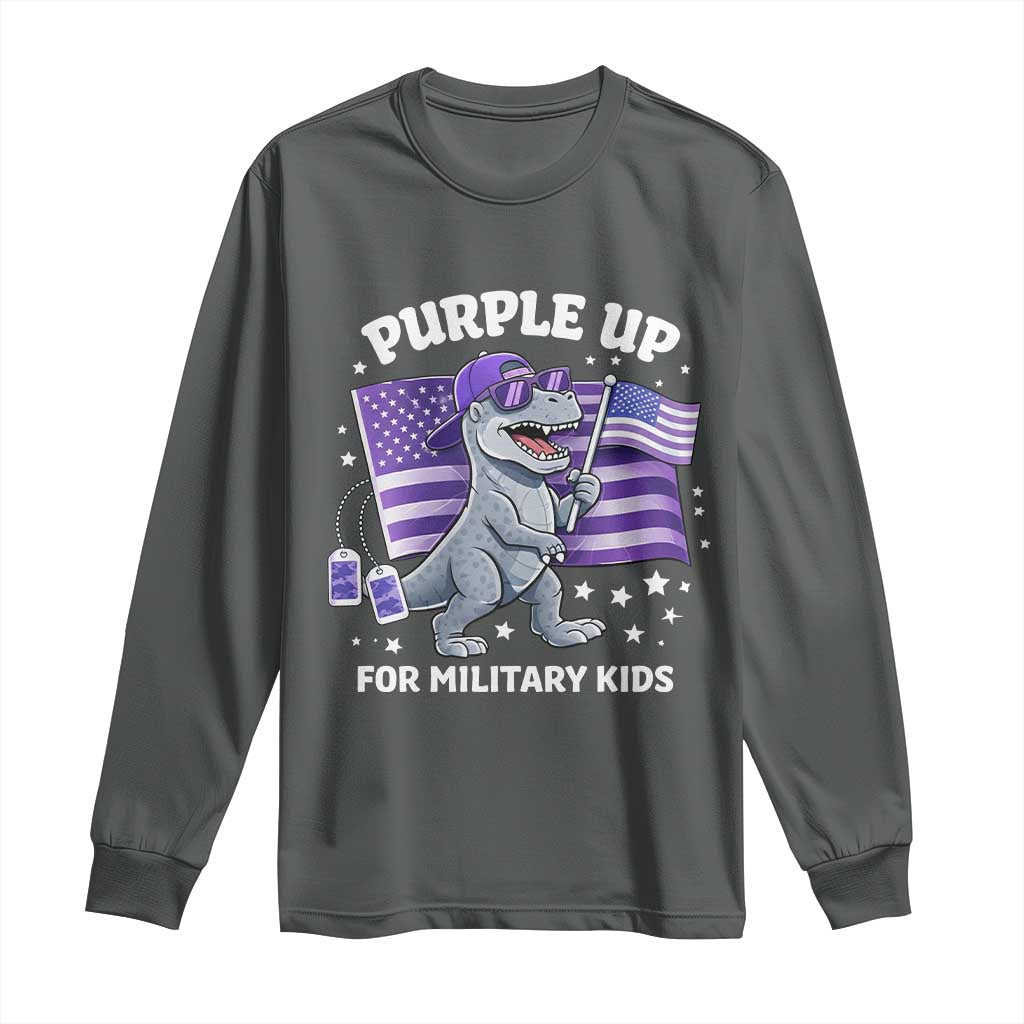 Dinosaur Military Kids Long Sleeve Shirt Purple Up For Military Child Month Patriotic USA Flag