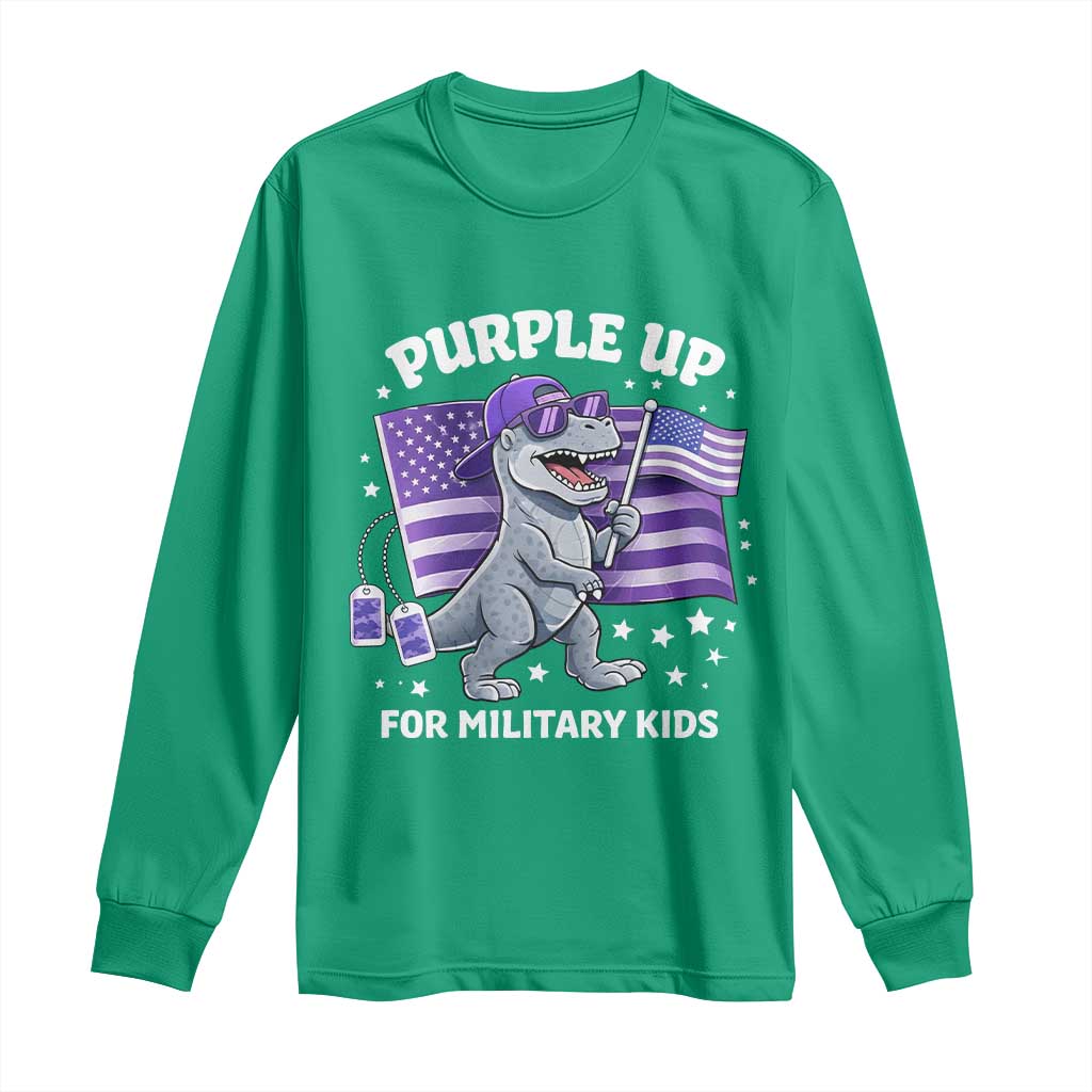 Dinosaur Military Kids Long Sleeve Shirt Purple Up For Military Child Month Patriotic USA Flag