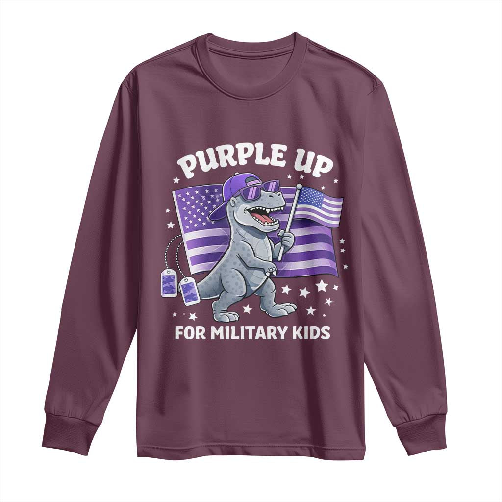 Dinosaur Military Kids Long Sleeve Shirt Purple Up For Military Child Month Patriotic USA Flag