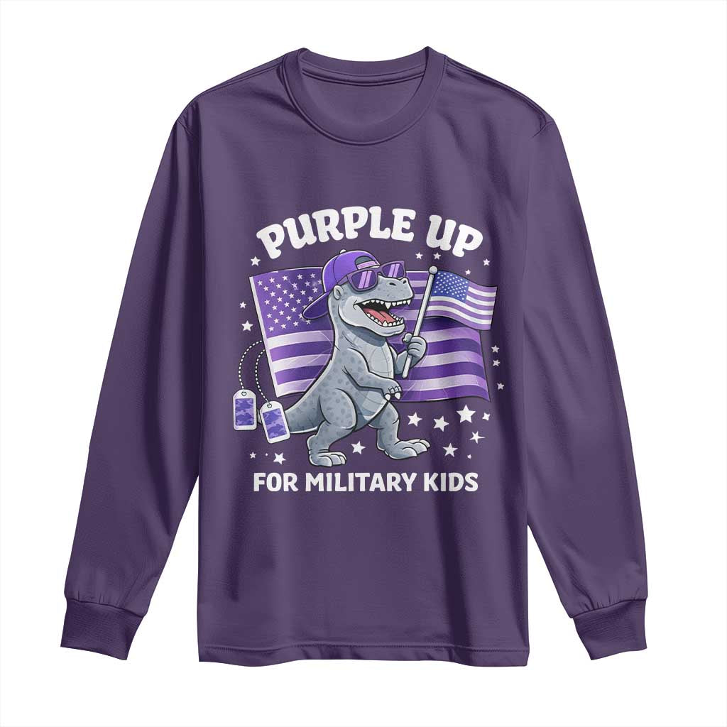 Dinosaur Military Kids Long Sleeve Shirt Purple Up For Military Child Month Patriotic USA Flag