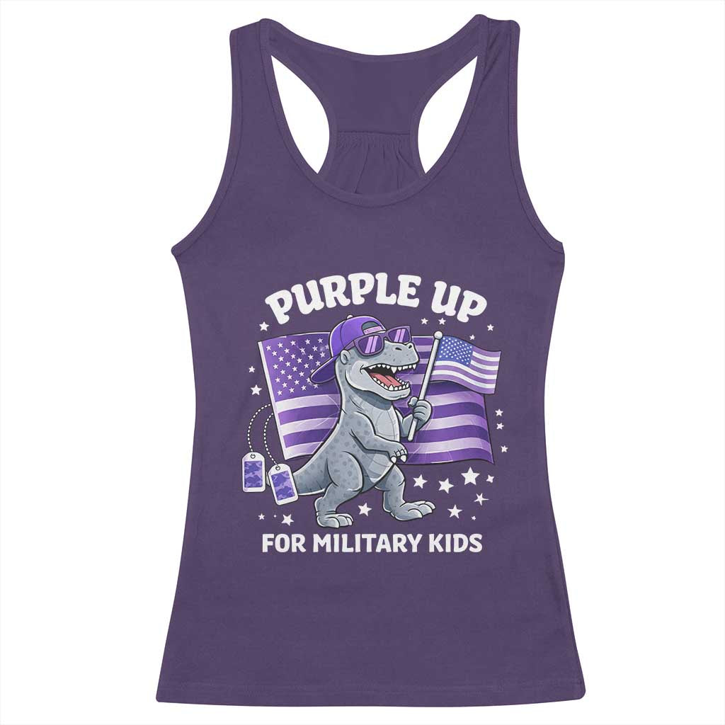 Dinosaur Military Kids Racerback Tank Top Purple Up For Military Child Month Patriotic USA Flag