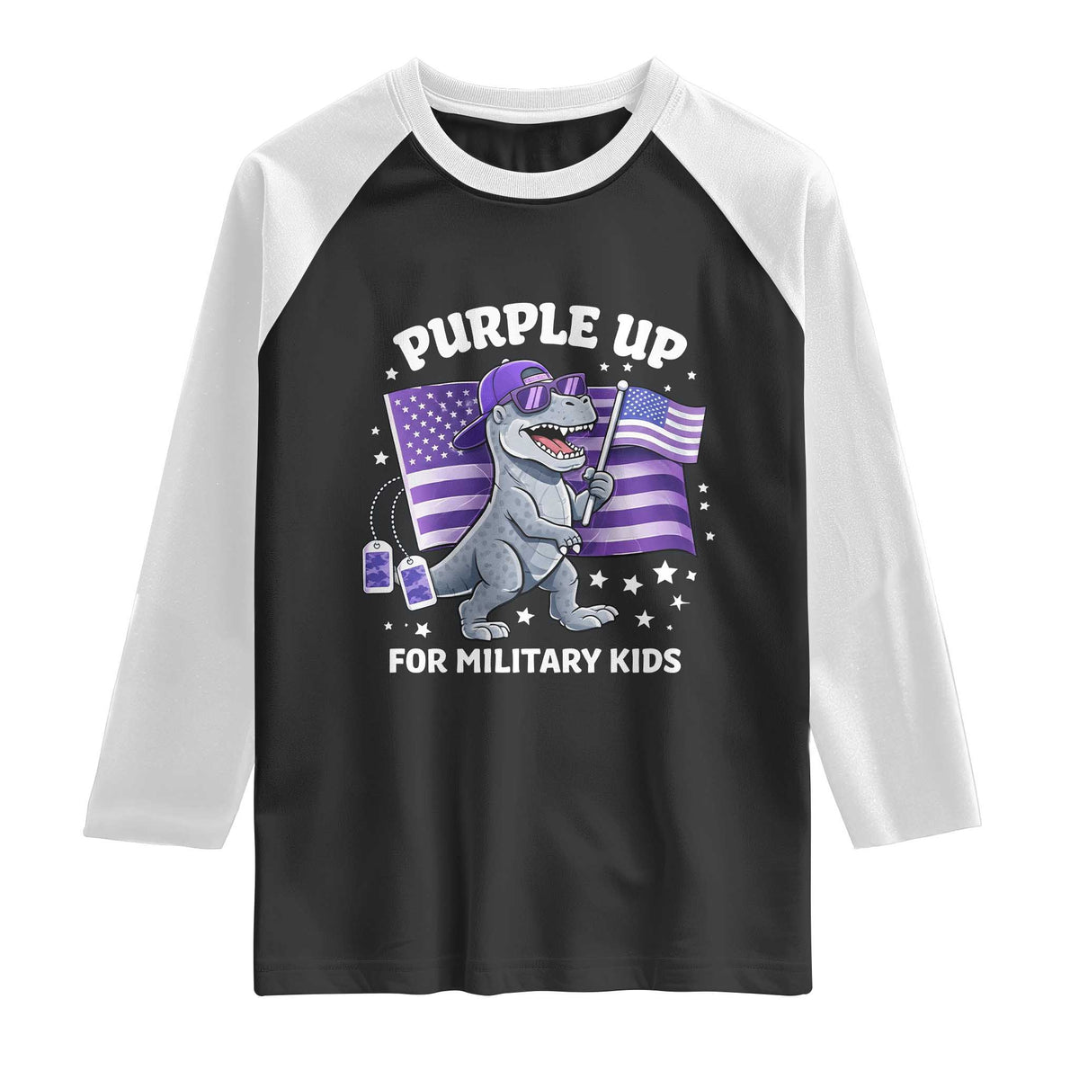 Dinosaur Military Kids Raglan Shirt Purple Up For Military Child Month Patriotic USA Flag