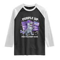 Dinosaur Military Kids Raglan Shirt Purple Up For Military Child Month Patriotic USA Flag