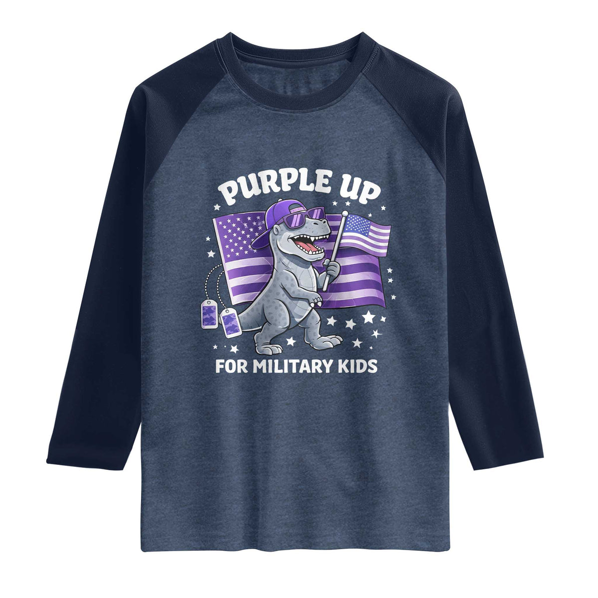 Dinosaur Military Kids Raglan Shirt Purple Up For Military Child Month Patriotic USA Flag