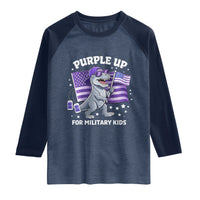 Dinosaur Military Kids Raglan Shirt Purple Up For Military Child Month Patriotic USA Flag