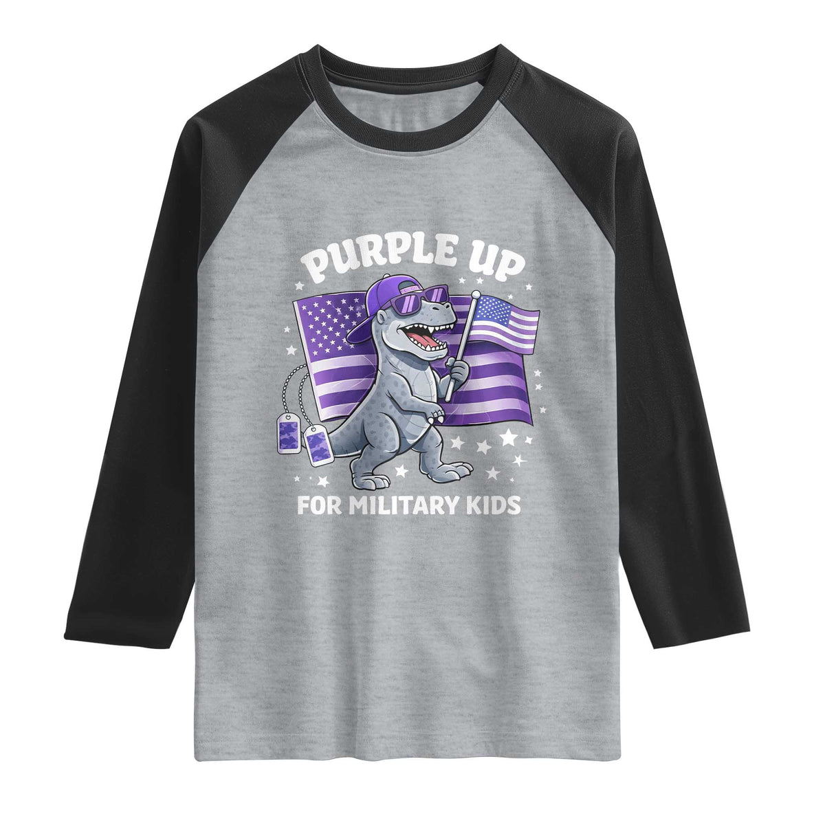 Dinosaur Military Kids Raglan Shirt Purple Up For Military Child Month Patriotic USA Flag