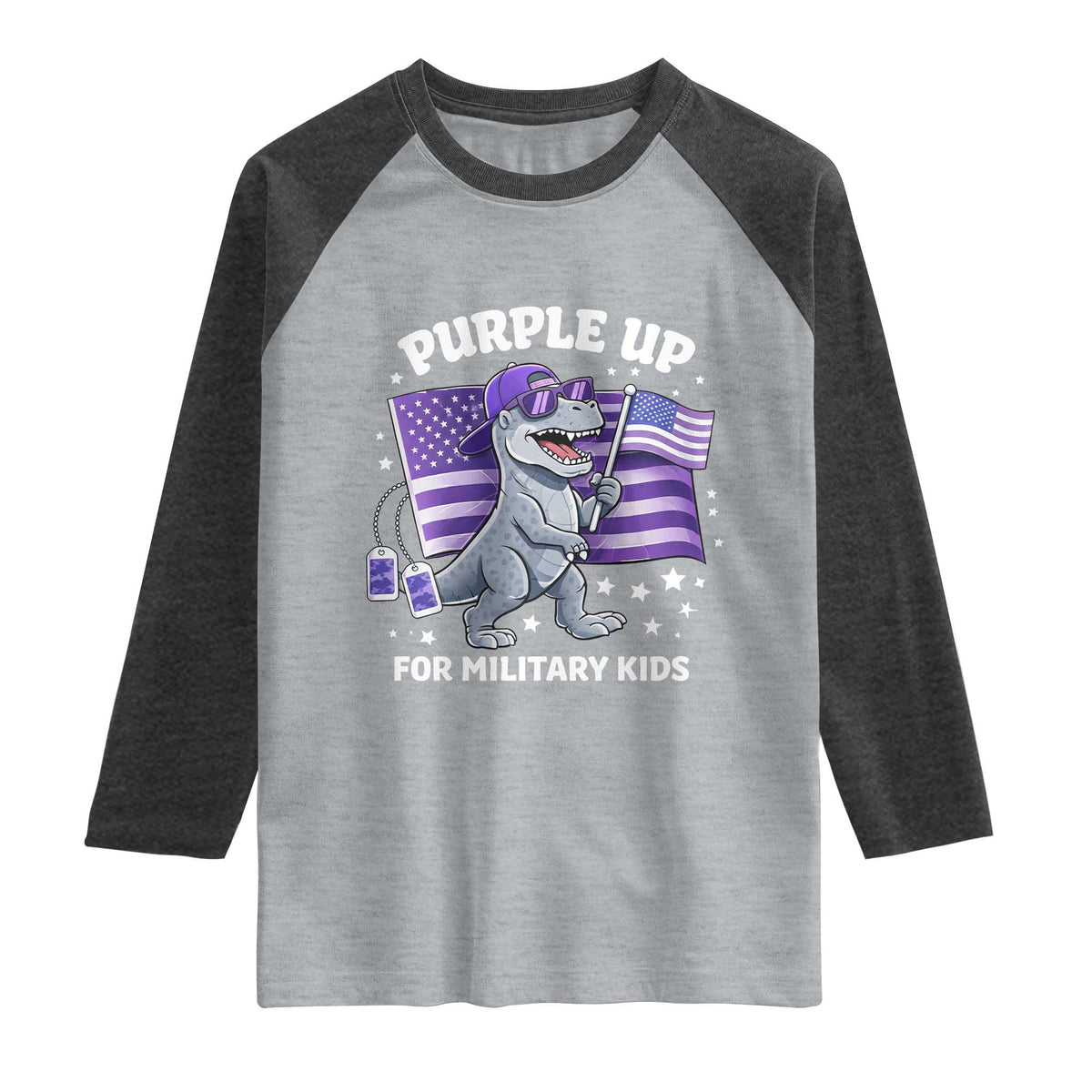 Dinosaur Military Kids Raglan Shirt Purple Up For Military Child Month Patriotic USA Flag