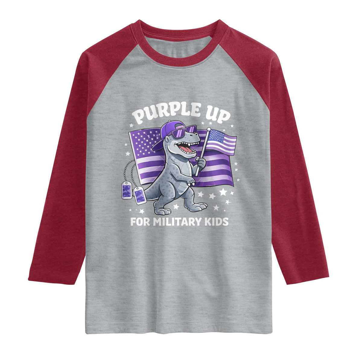 Dinosaur Military Kids Raglan Shirt Purple Up For Military Child Month Patriotic USA Flag