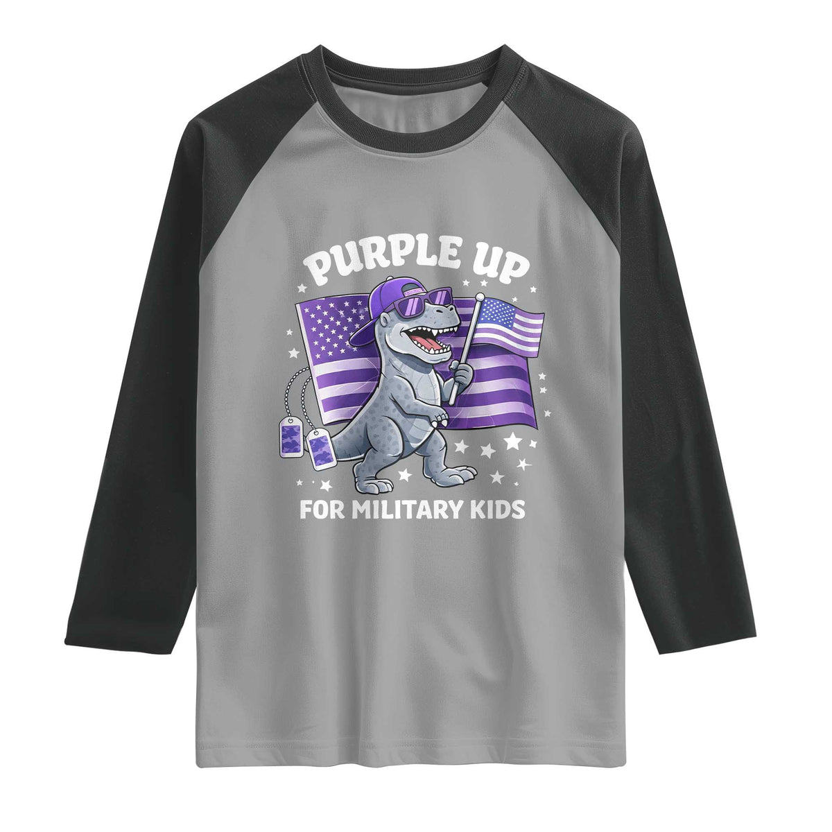 Dinosaur Military Kids Raglan Shirt Purple Up For Military Child Month Patriotic USA Flag