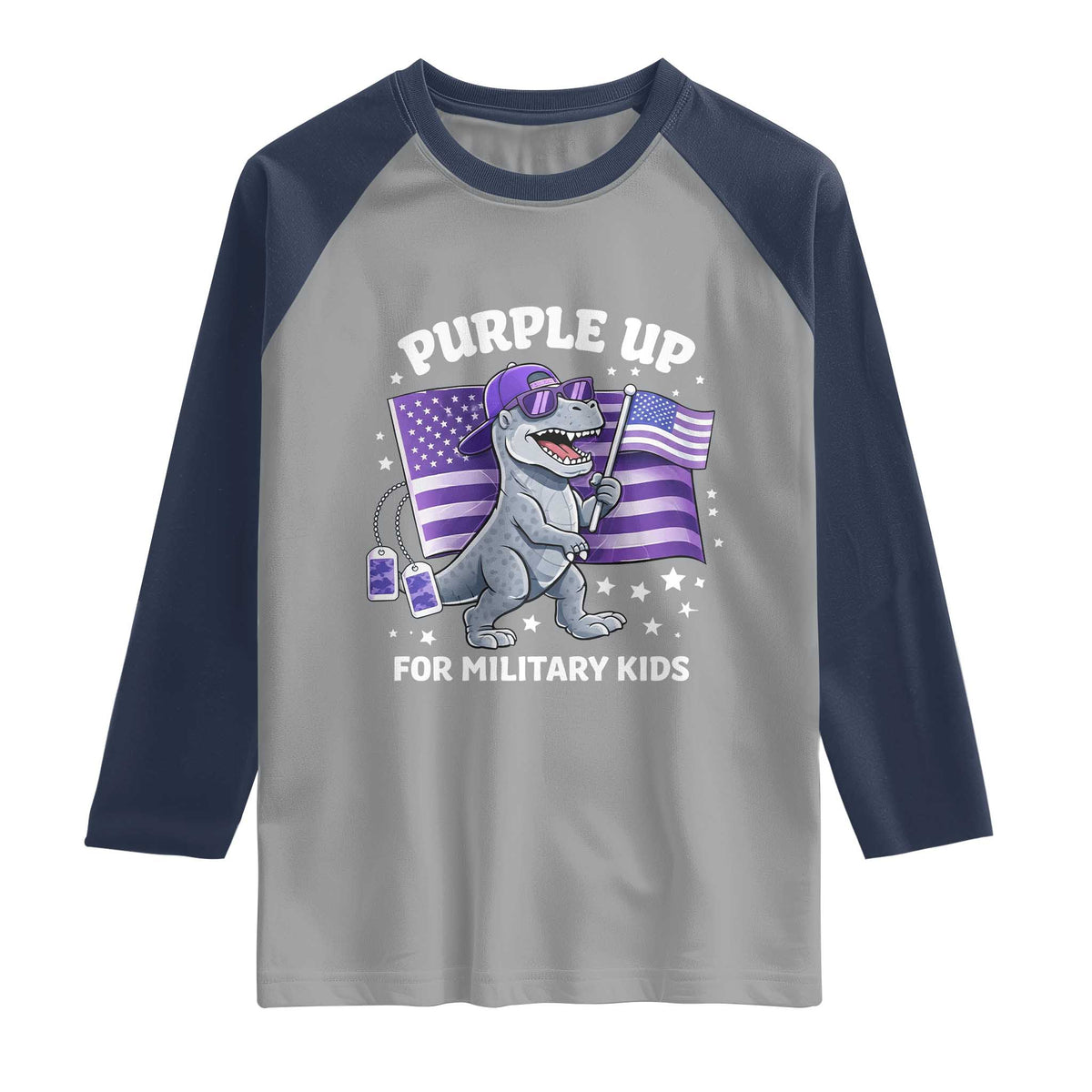 Dinosaur Military Kids Raglan Shirt Purple Up For Military Child Month Patriotic USA Flag