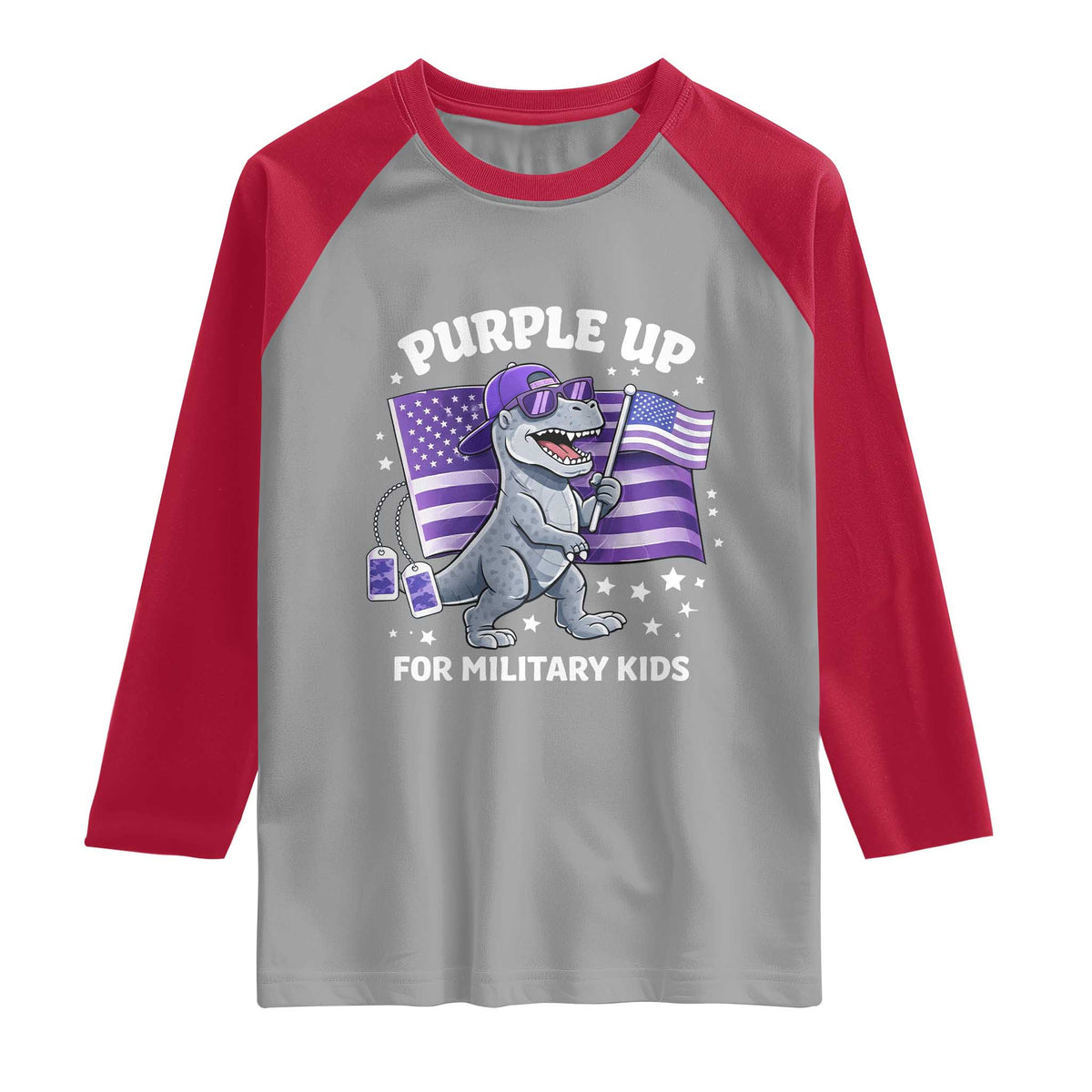 Dinosaur Military Kids Raglan Shirt Purple Up For Military Child Month Patriotic USA Flag