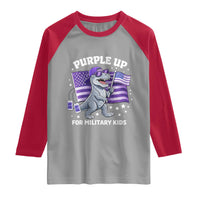 Dinosaur Military Kids Raglan Shirt Purple Up For Military Child Month Patriotic USA Flag