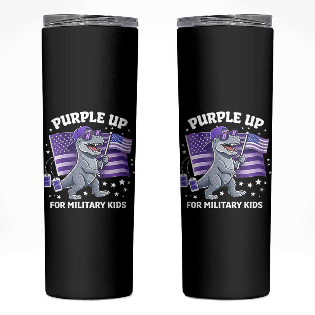 Dinosaur Military Kids Skinny Tumbler Purple Up For Military Child Month Patriotic USA Flag