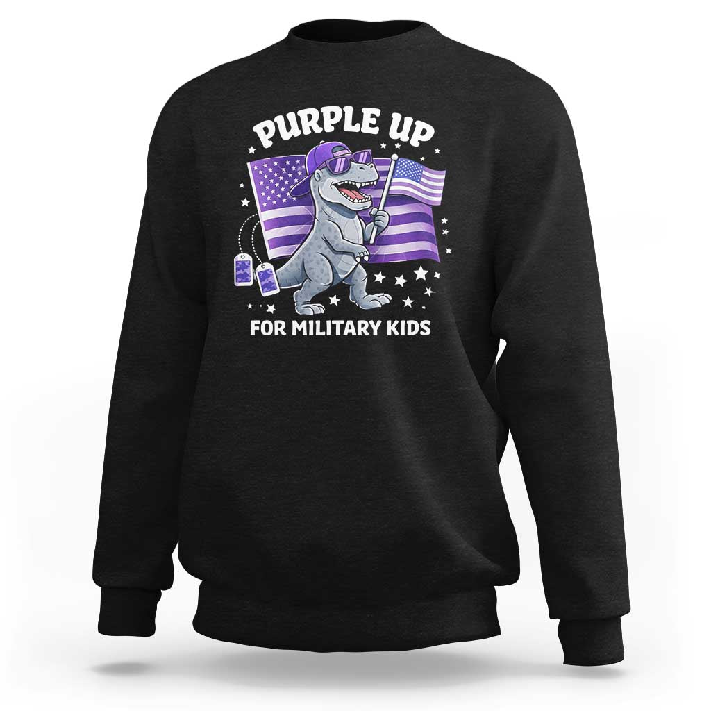 Dinosaur Military Kids Sweatshirt Purple Up For Military Child Month Patriotic USA Flag