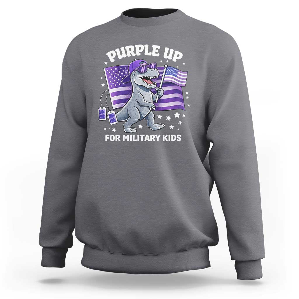Dinosaur Military Kids Sweatshirt Purple Up For Military Child Month Patriotic USA Flag
