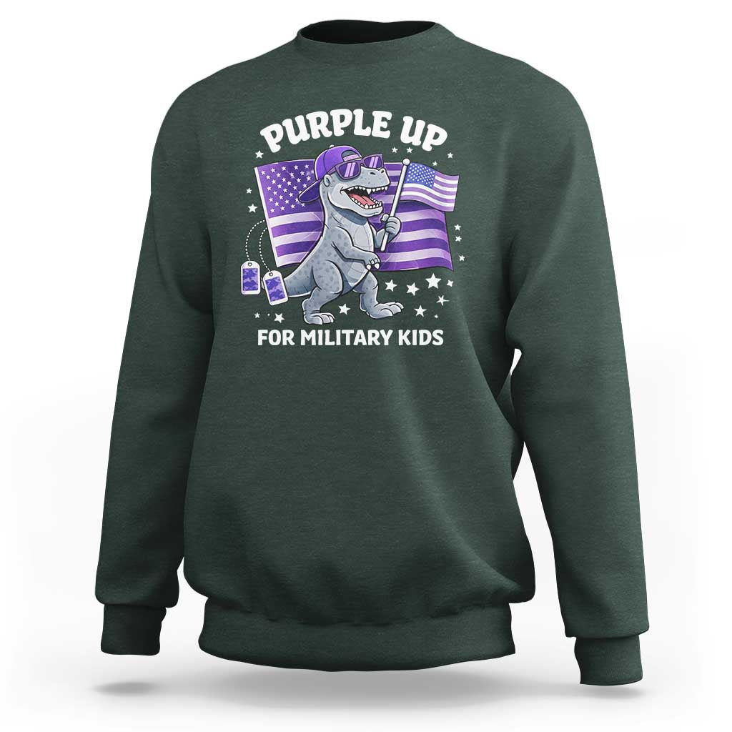 Dinosaur Military Kids Sweatshirt Purple Up For Military Child Month Patriotic USA Flag