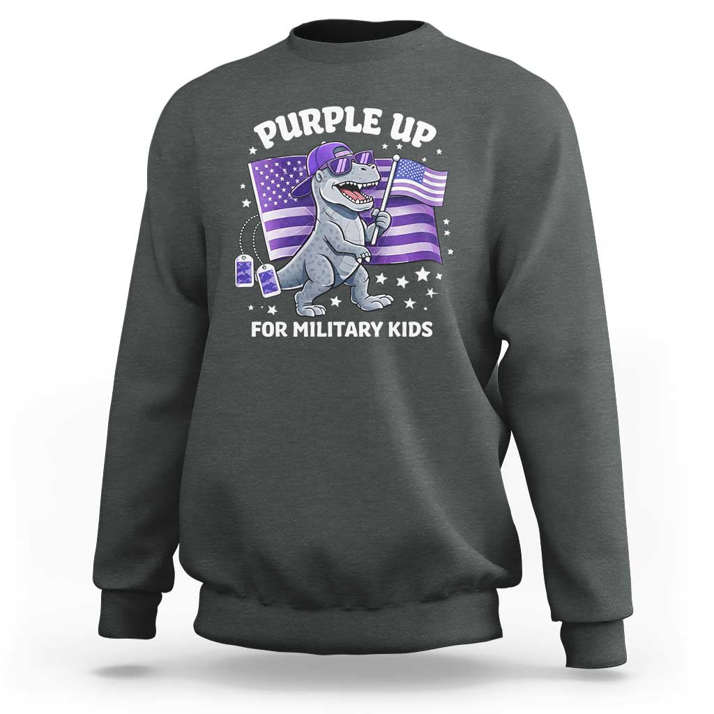 Dinosaur Military Kids Sweatshirt Purple Up For Military Child Month Patriotic USA Flag