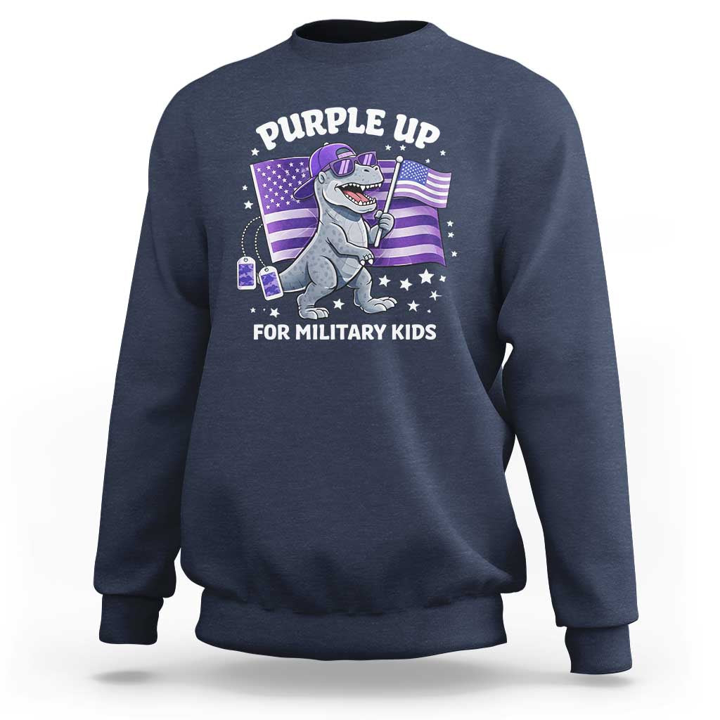 Dinosaur Military Kids Sweatshirt Purple Up For Military Child Month Patriotic USA Flag