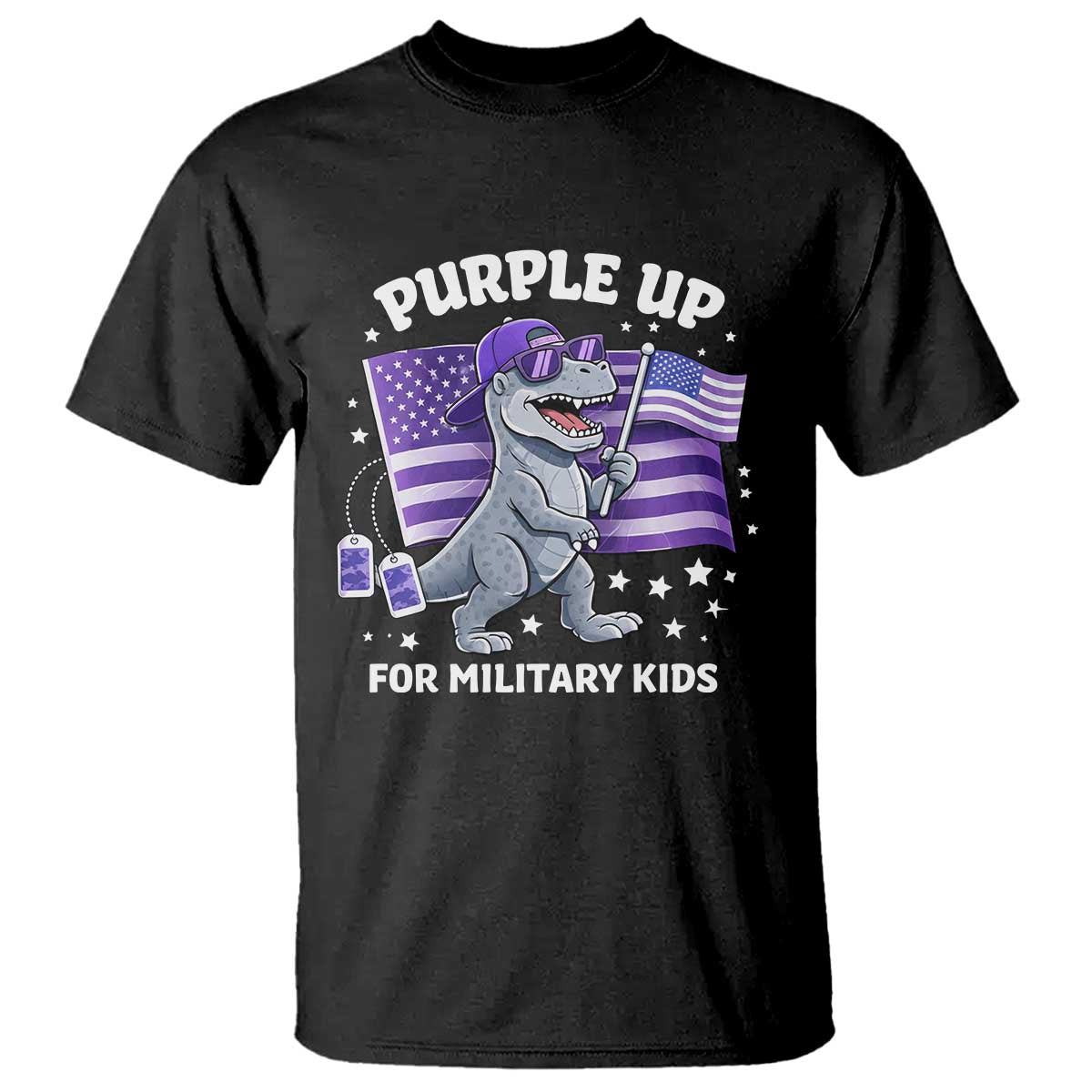 Dinosaur Military Kids T Shirt Purple Up For Military Child Month Patriotic USA Flag