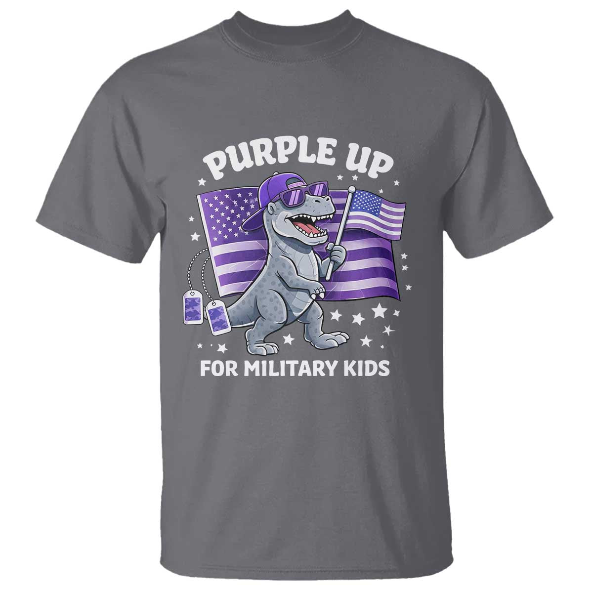 Dinosaur Military Kids T Shirt Purple Up For Military Child Month Patriotic USA Flag