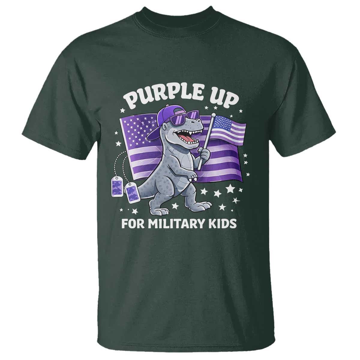 Dinosaur Military Kids T Shirt Purple Up For Military Child Month Patriotic USA Flag