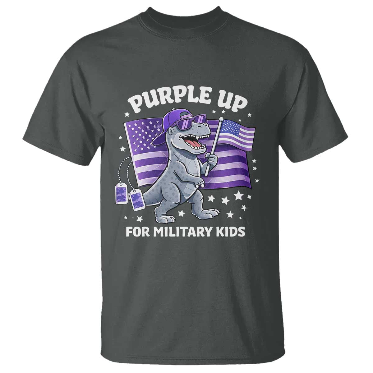 Dinosaur Military Kids T Shirt Purple Up For Military Child Month Patriotic USA Flag