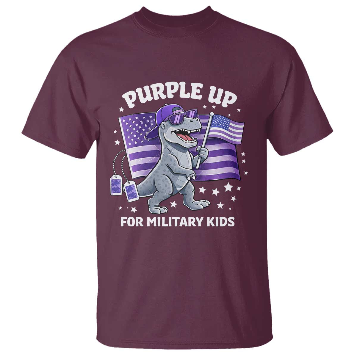 Dinosaur Military Kids T Shirt Purple Up For Military Child Month Patriotic USA Flag