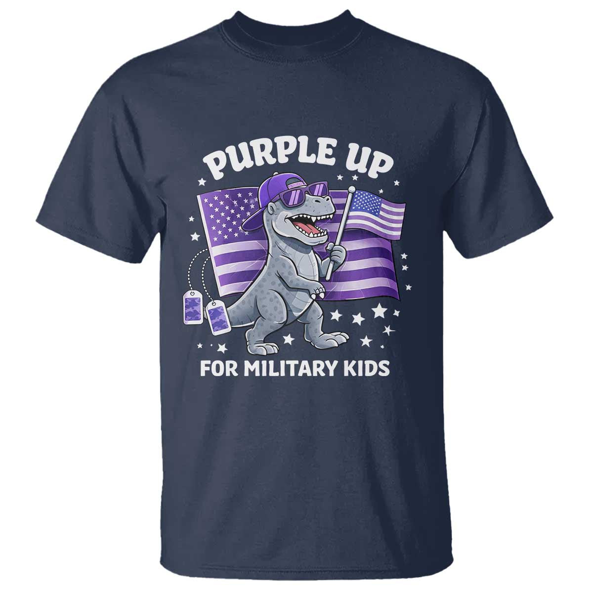 Dinosaur Military Kids T Shirt Purple Up For Military Child Month Patriotic USA Flag