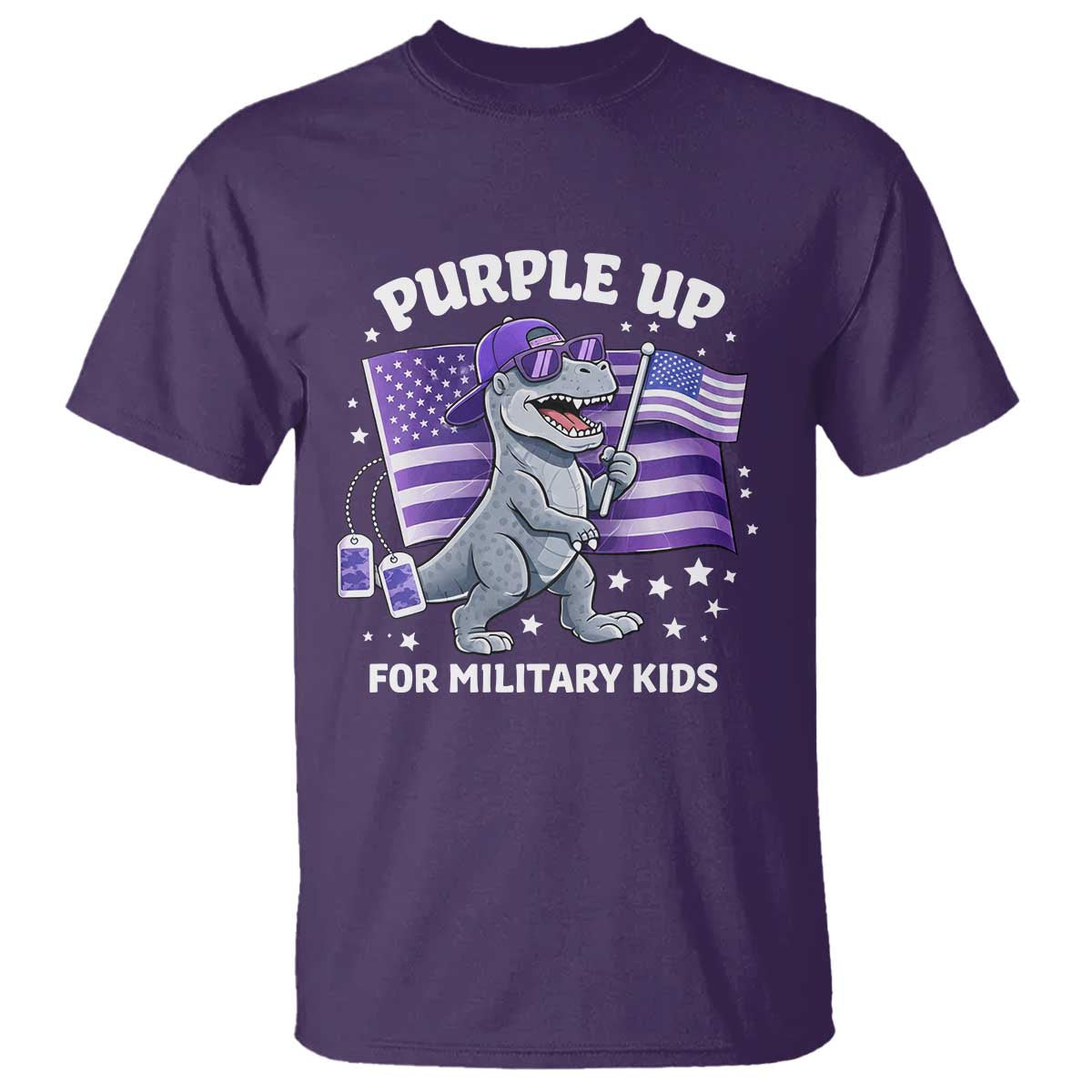 Dinosaur Military Kids T Shirt Purple Up For Military Child Month Patriotic USA Flag