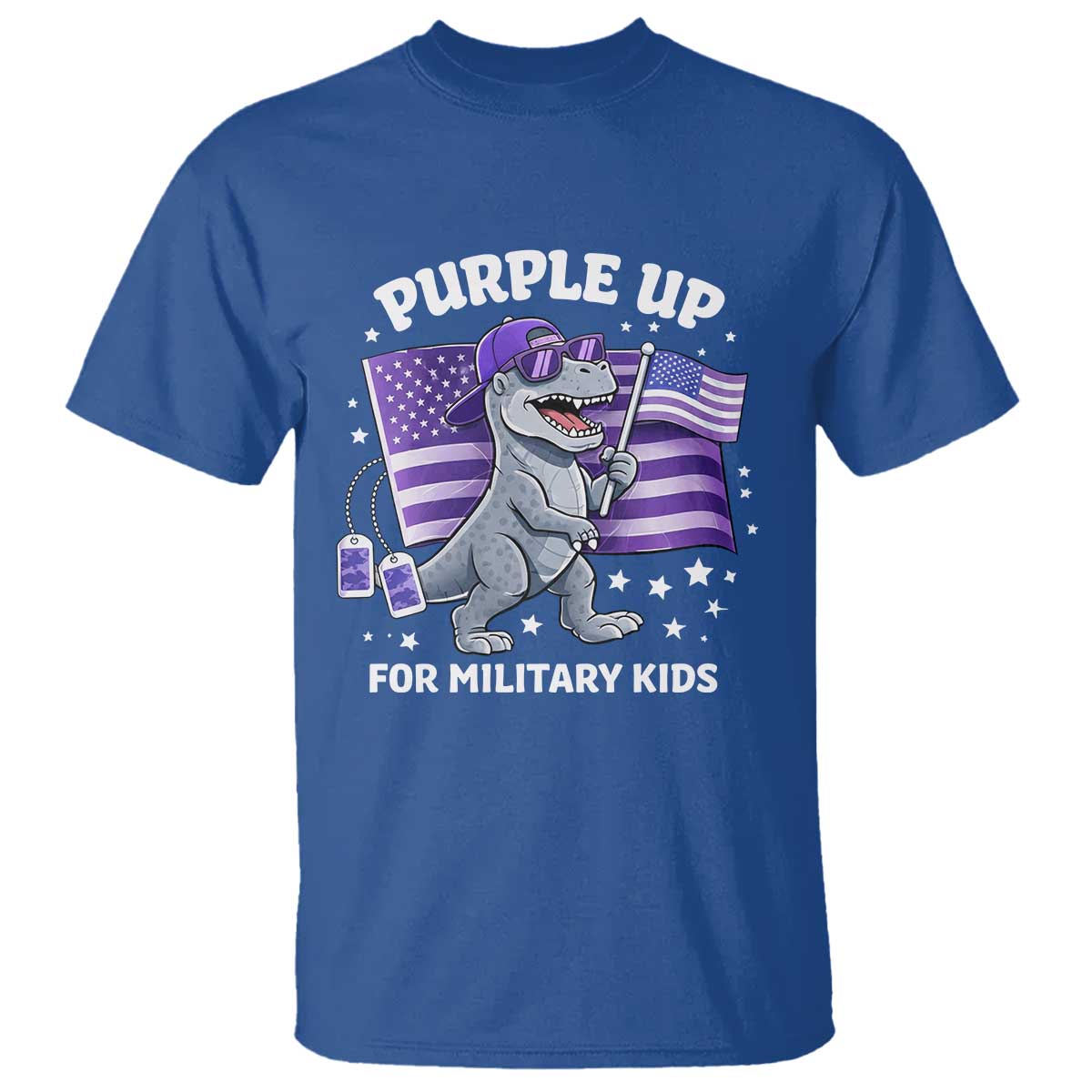 Dinosaur Military Kids T Shirt Purple Up For Military Child Month Patriotic USA Flag