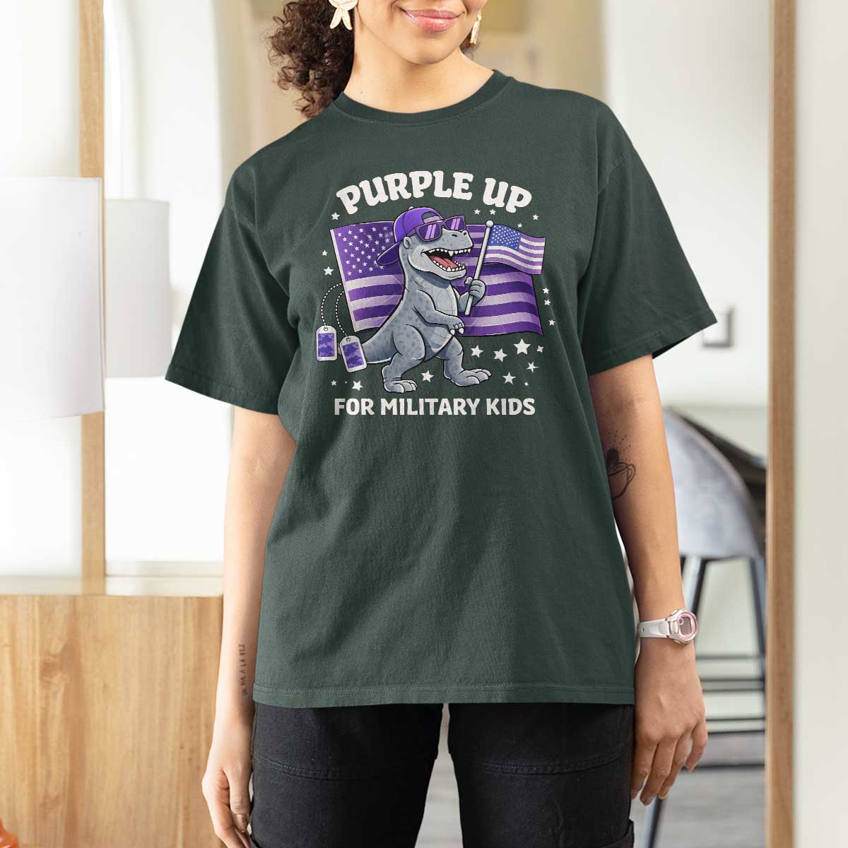 Dinosaur Military Kids T Shirt For Women Purple Up For Military Child Month Patriotic USA Flag