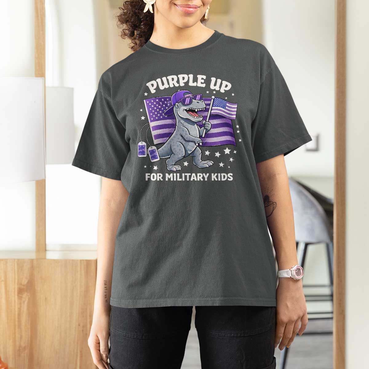 Dinosaur Military Kids T Shirt For Women Purple Up For Military Child Month Patriotic USA Flag