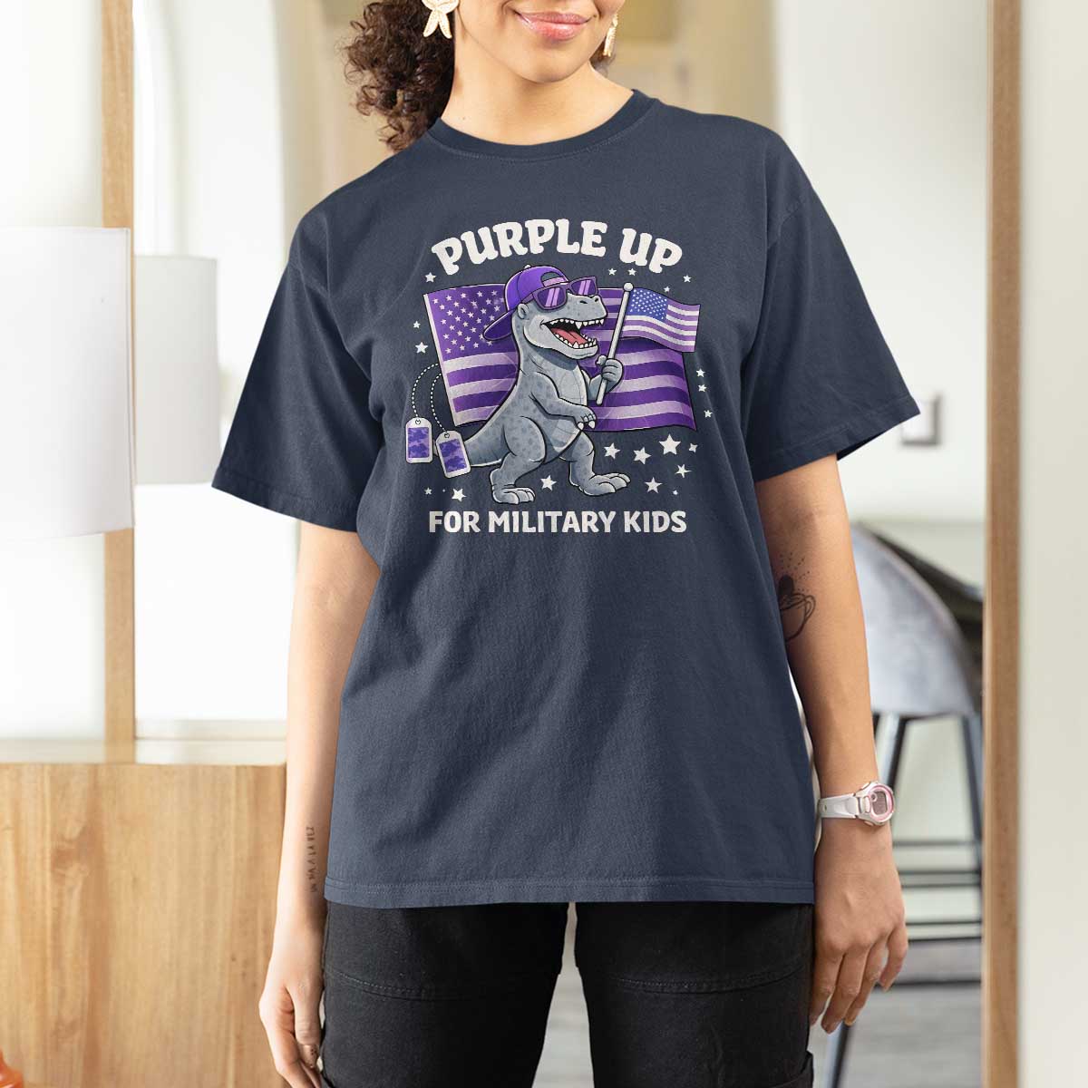 Dinosaur Military Kids T Shirt For Women Purple Up For Military Child Month Patriotic USA Flag