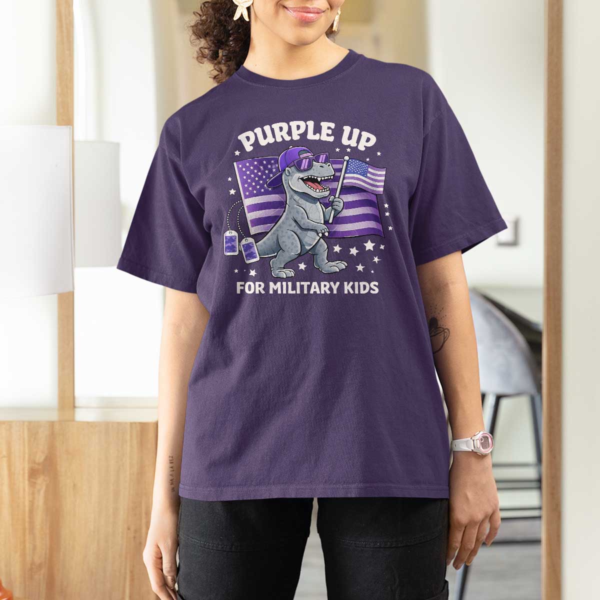 Dinosaur Military Kids T Shirt For Women Purple Up For Military Child Month Patriotic USA Flag