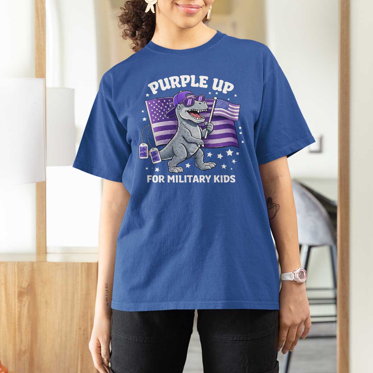 Dinosaur Military Kids T Shirt For Women Purple Up For Military Child Month Patriotic USA Flag