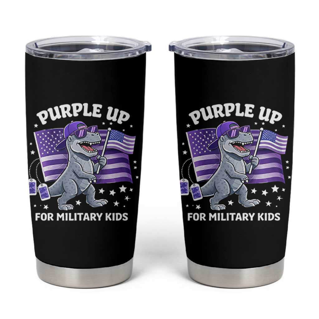 Dinosaur Military Kids Tumbler Cup Purple Up For Military Child Month Patriotic USA Flag