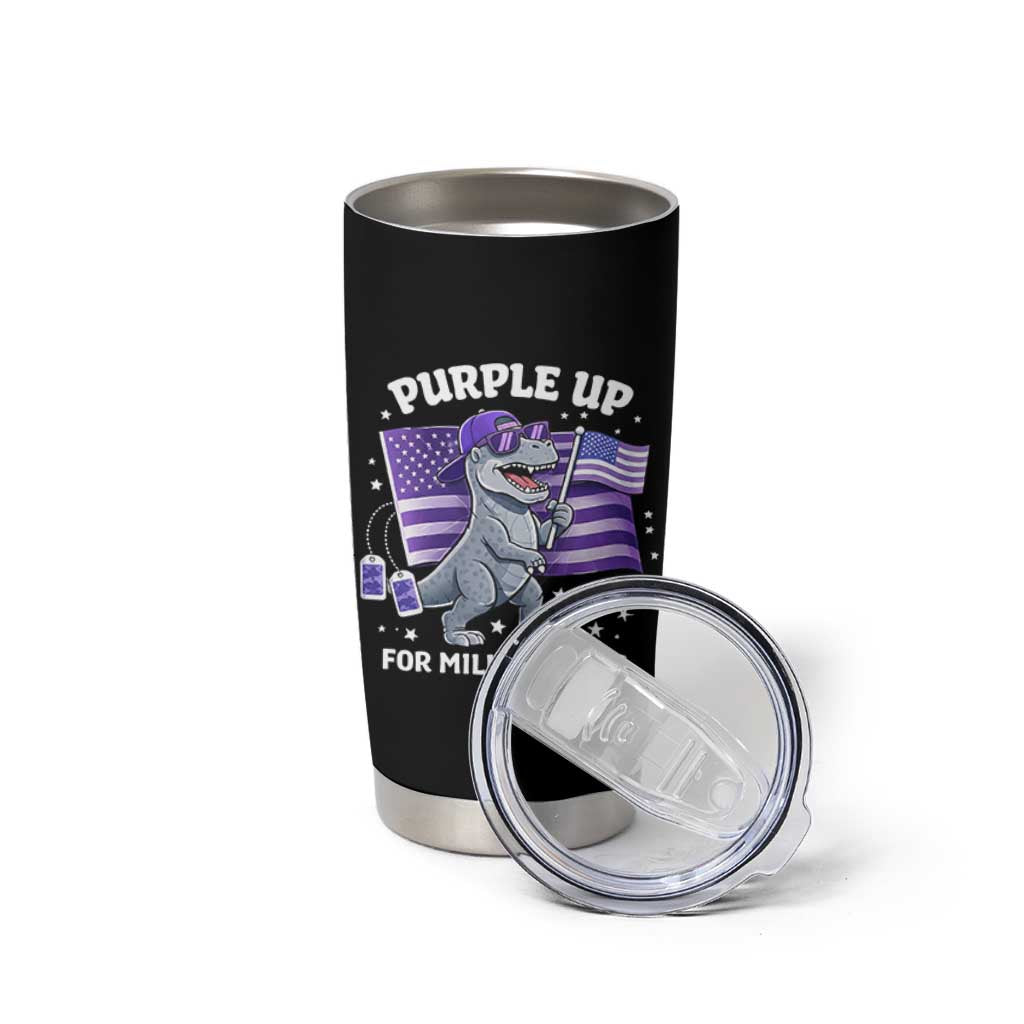 Dinosaur Military Kids Tumbler Cup Purple Up For Military Child Month Patriotic USA Flag