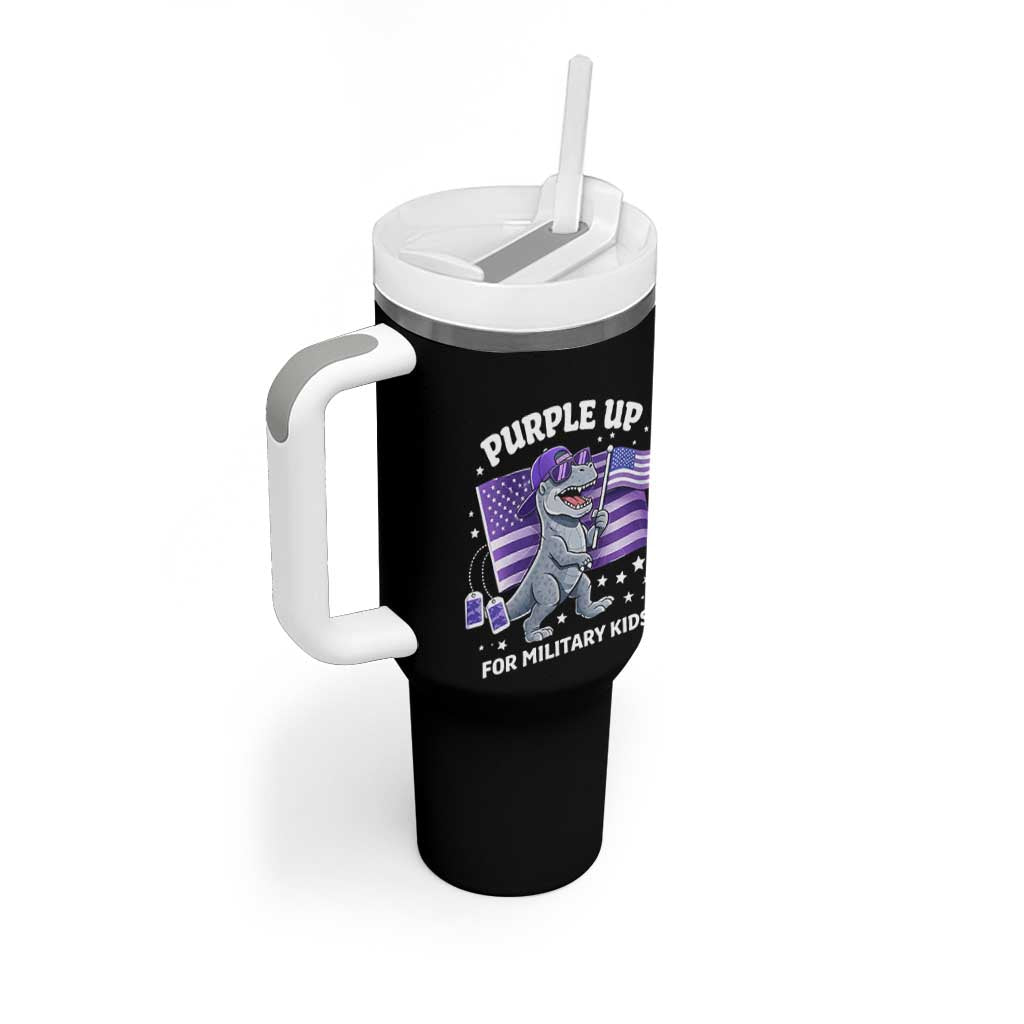 Dinosaur Military Kids Tumbler With Handle Purple Up For Military Child Month Patriotic USA Flag