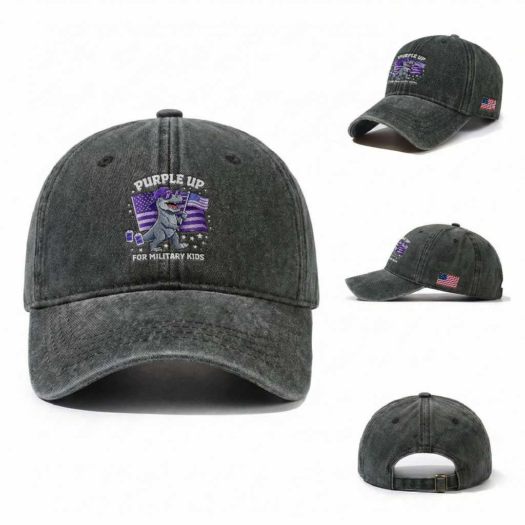 Dinosaur Military Kids Washed Cotton Baseball Cap Purple Up For Military Child Month Patriotic USA Flag