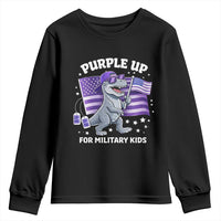 Dinosaur Military Kids Youth Sweatshirt Purple Up For Military Child Month Patriotic USA Flag