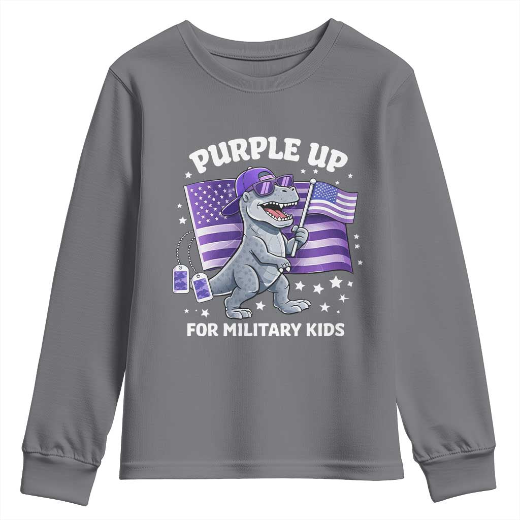 Dinosaur Military Kids Youth Sweatshirt Purple Up For Military Child Month Patriotic USA Flag