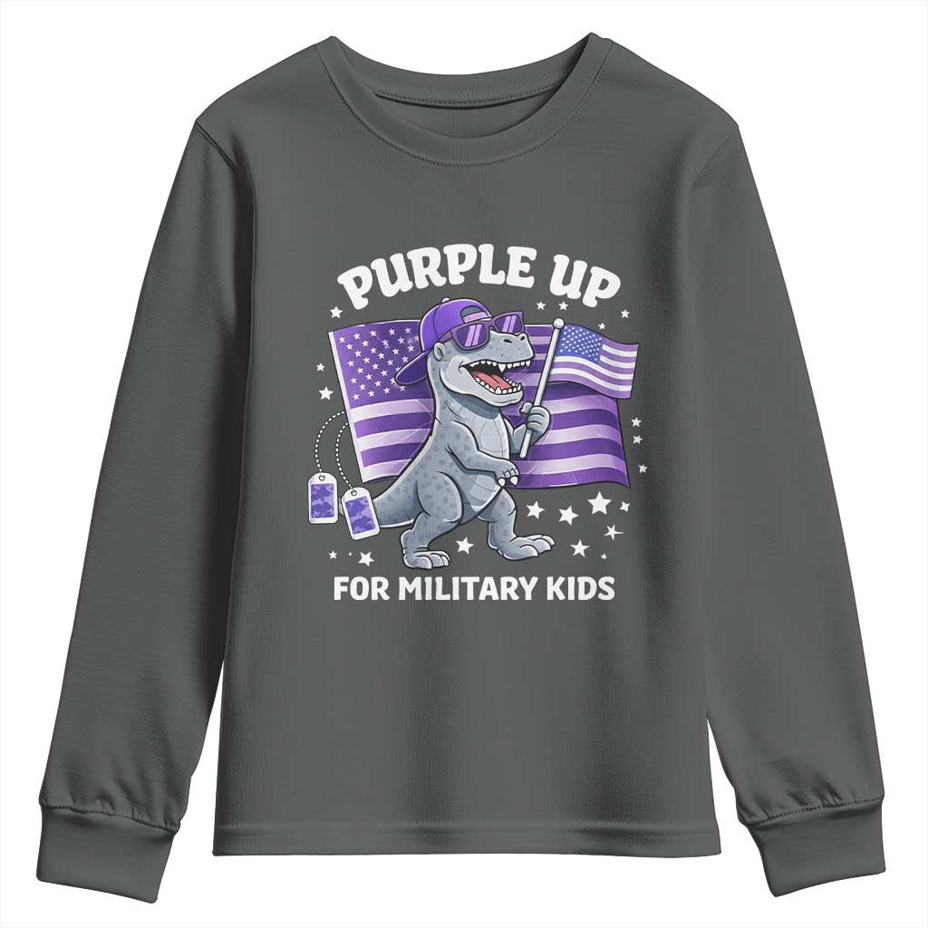 Dinosaur Military Kids Youth Sweatshirt Purple Up For Military Child Month Patriotic USA Flag