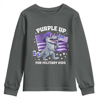 Dinosaur Military Kids Youth Sweatshirt Purple Up For Military Child Month Patriotic USA Flag